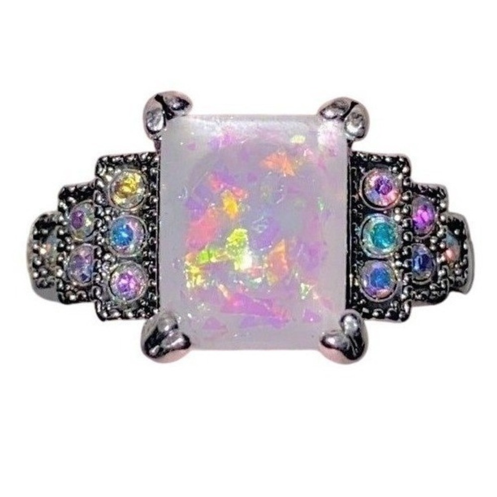 New Sz 6 Silver Opal Tiered Cluster Statement Square Cocktail Ringā